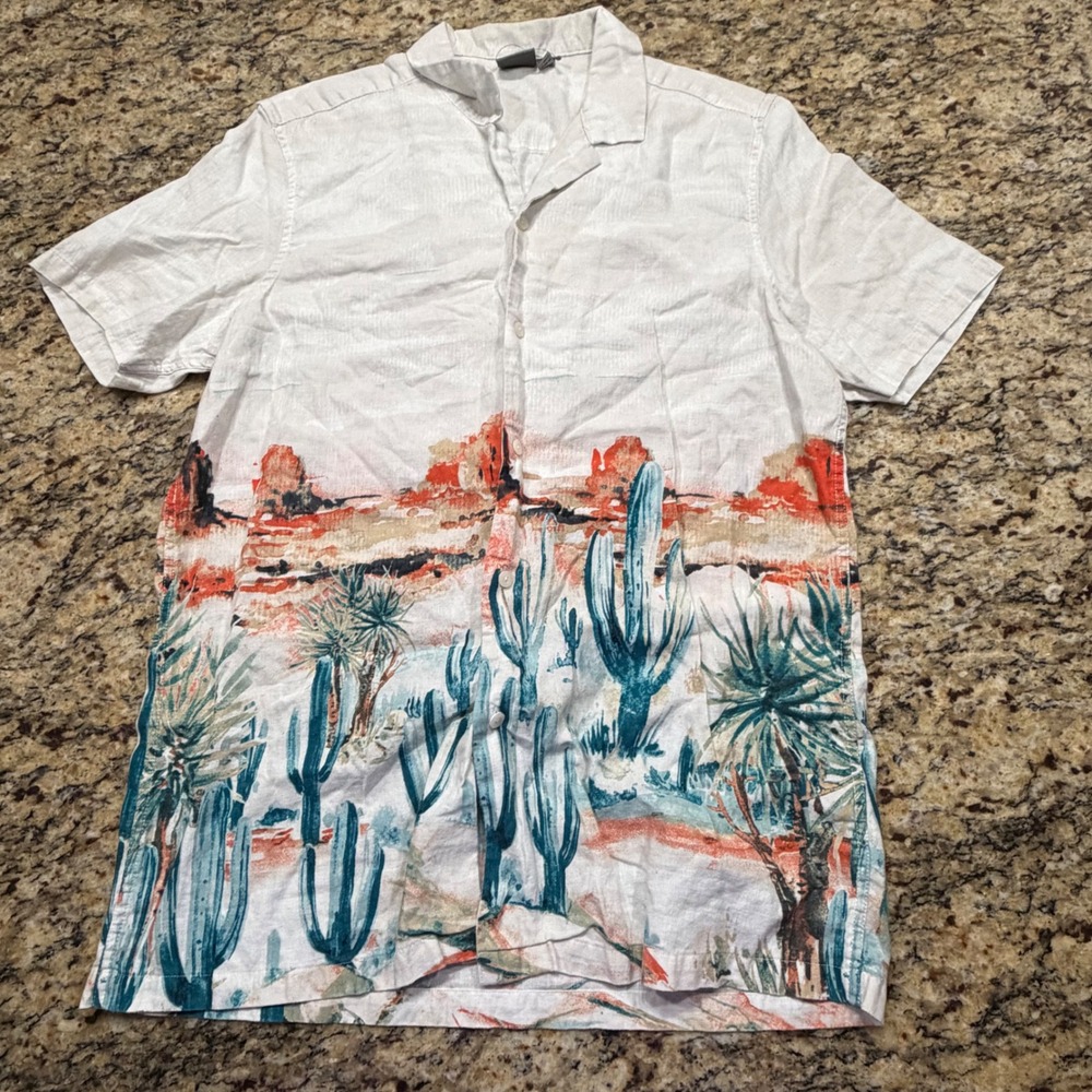 ASOS Mens Desert Cactus Print Linen Blend Short Sleeve Button Down Shirt Large